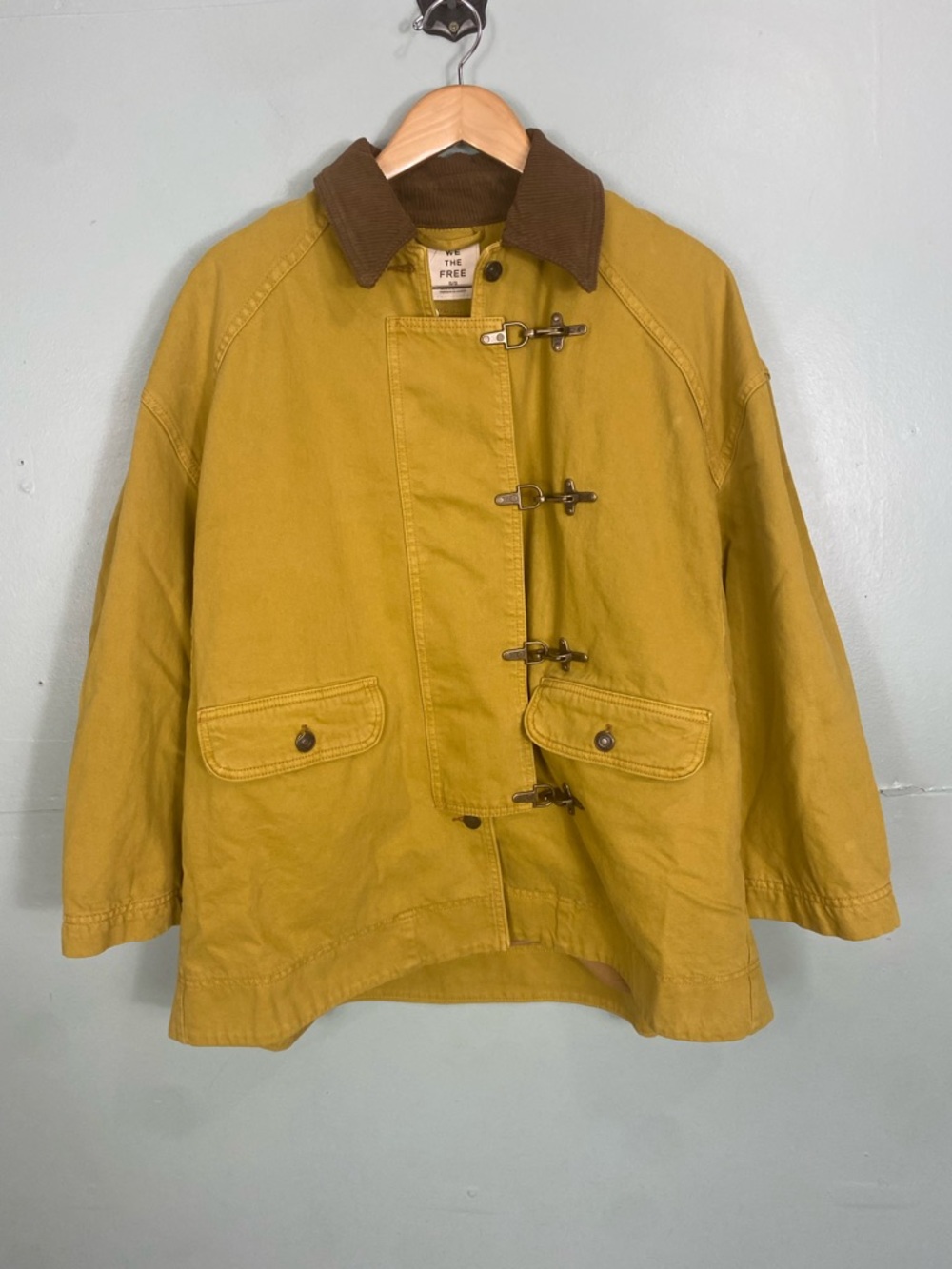 Free People Denim Barn Coat Corduroy Collar Mustard Yellow Buckle XS - Picture 2 of 5